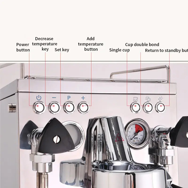 Stainless steel semi-automatic espresso machine with a polished chrome finish, multiple control buttons, and a pressure gauge for precise espresso-making.