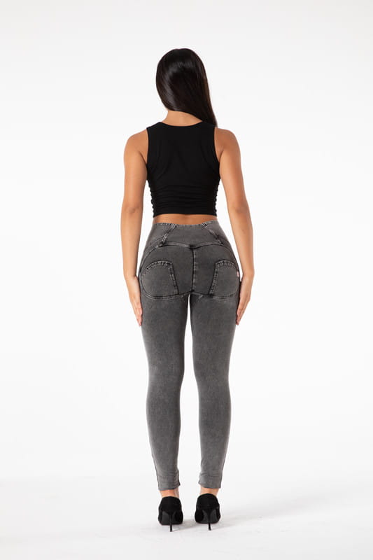 gray high waist gray denim leggings from the shascullfites melody high collection featuring a contoured back design and visible stitching details.