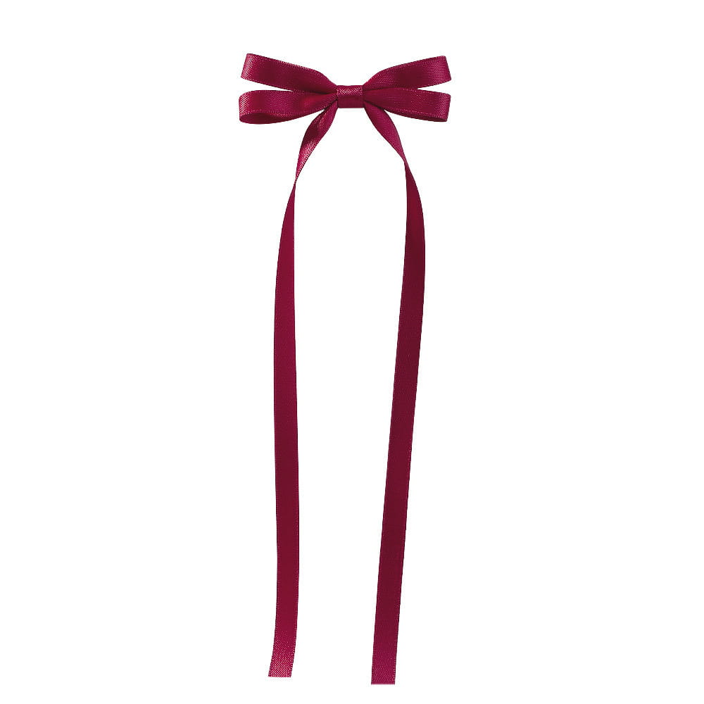 a sleek deep burgundy satin bow braided hair ribbon tied into a neat bow with long tails from the satin bow braided hair tie set