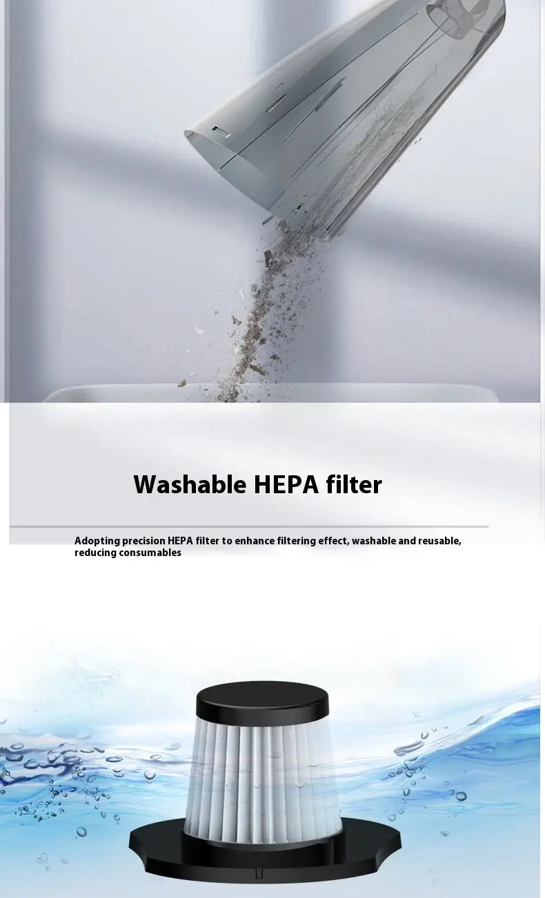 a cylindrical white pleated hepa filter with a black circular top and base for a green small wireless car vacuum cleaner with hose designed for household small wireless and small wireless car use