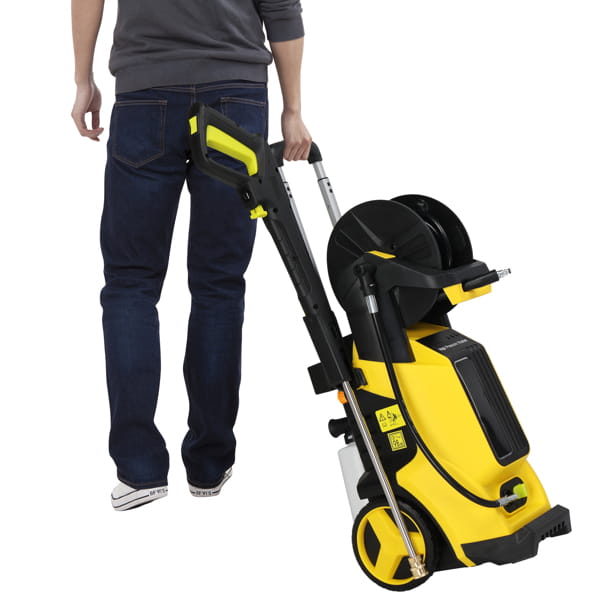 yellow and black kärcher high pressure cleaning machine with retractable hose reel for efficient pressure cleaning.