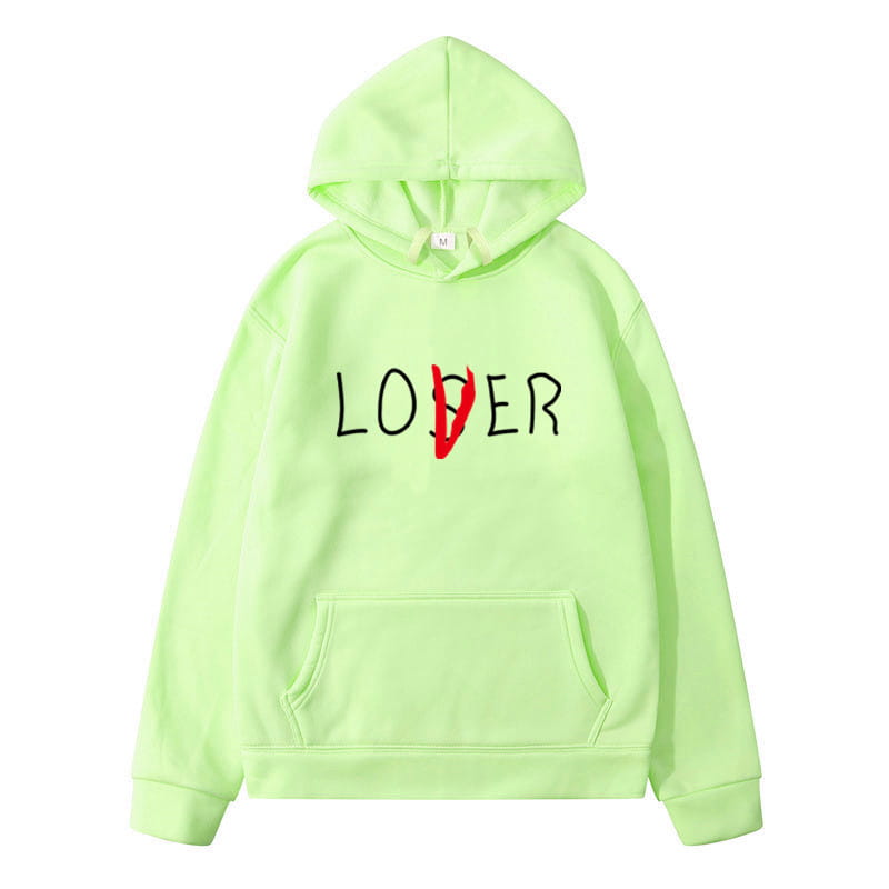 A neon green winter clothes hoodie for women lovers made from main fabric featuring the word loser printed in black with a red slash through the o.