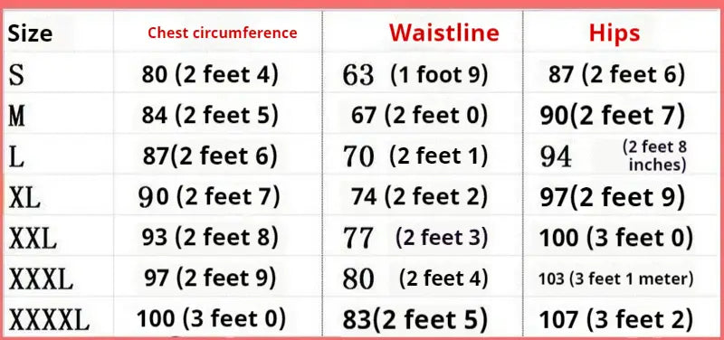 Size chart showing measurements in inches and feet for the embroidered peacock heart chiffon heart collar dress available in sizes s through xxxxl.
