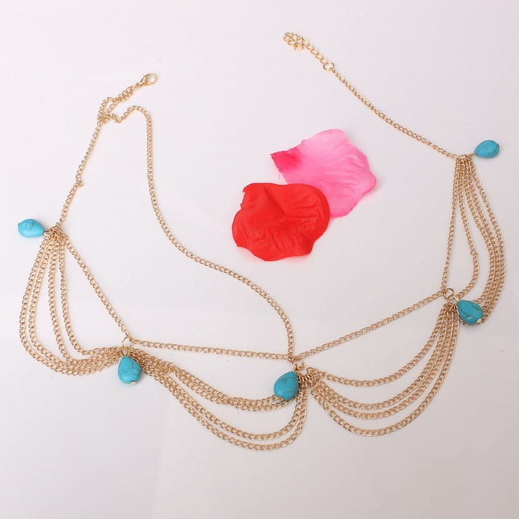 Gold-toned chain body chain adorned with turquoise teardrop beads as part of an ethnic style tasseled headband and all-match headband accessory.