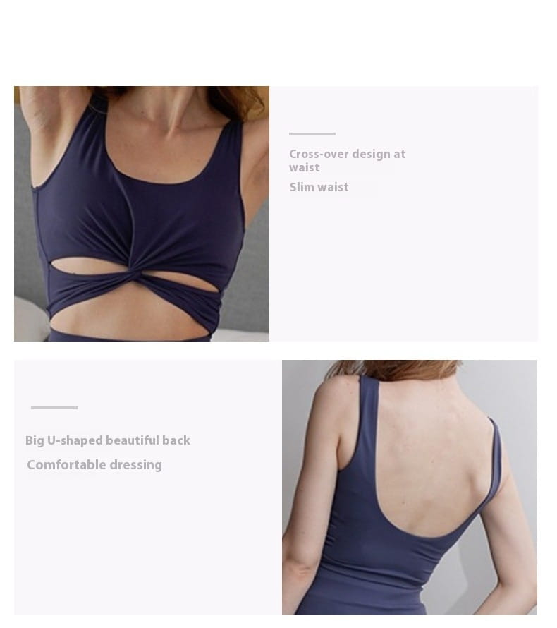 Navy blue stretchy sports bra with cross-over waist design and large u-shaped back shown as part of pink yoga clothes sports suit with pants skirt.