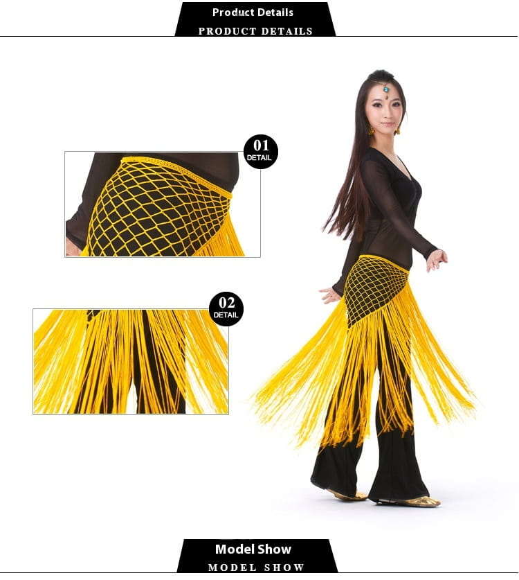 Vibrant yellow fringe dance skirt with a black mesh waistband featured in the argentina style triangular binder shawl hip scarf design.