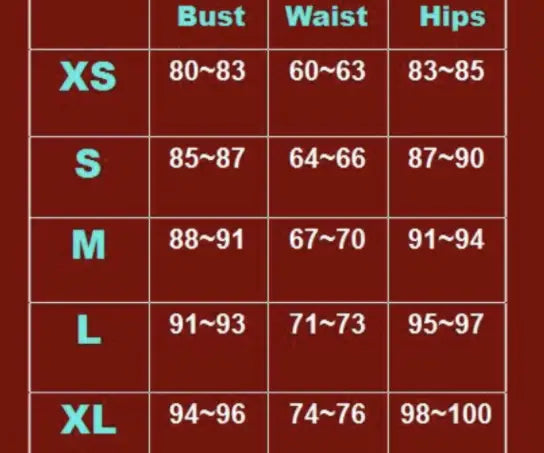 This size chart in centimeters displays bust waist and hip measurements for sizes xs through xl of a silver sequin stage nightclub dj female singer gown designed for female singer European performances.