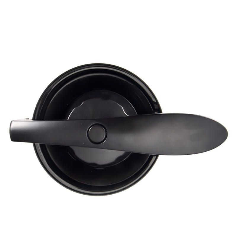Black matte-finish metal lid with a sleek elongated handle and circular central button for the electric orange juice separation machine designed for efficient juice separation.