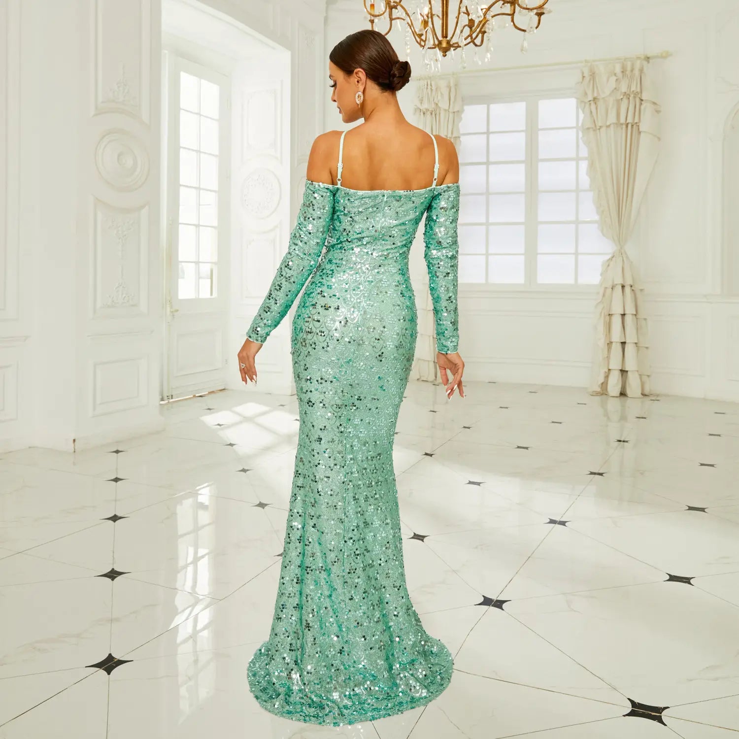 a shimmering mint green long sleeve banquet sequined sheath fishtail dress with an off-the-shoulder neckline