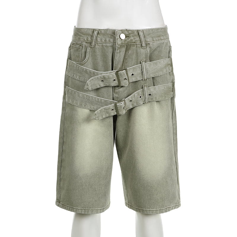 olive green denim shorts featuring jeans double belt design with three overlapping belt straps and double belt adjustable buckle for a secure fit