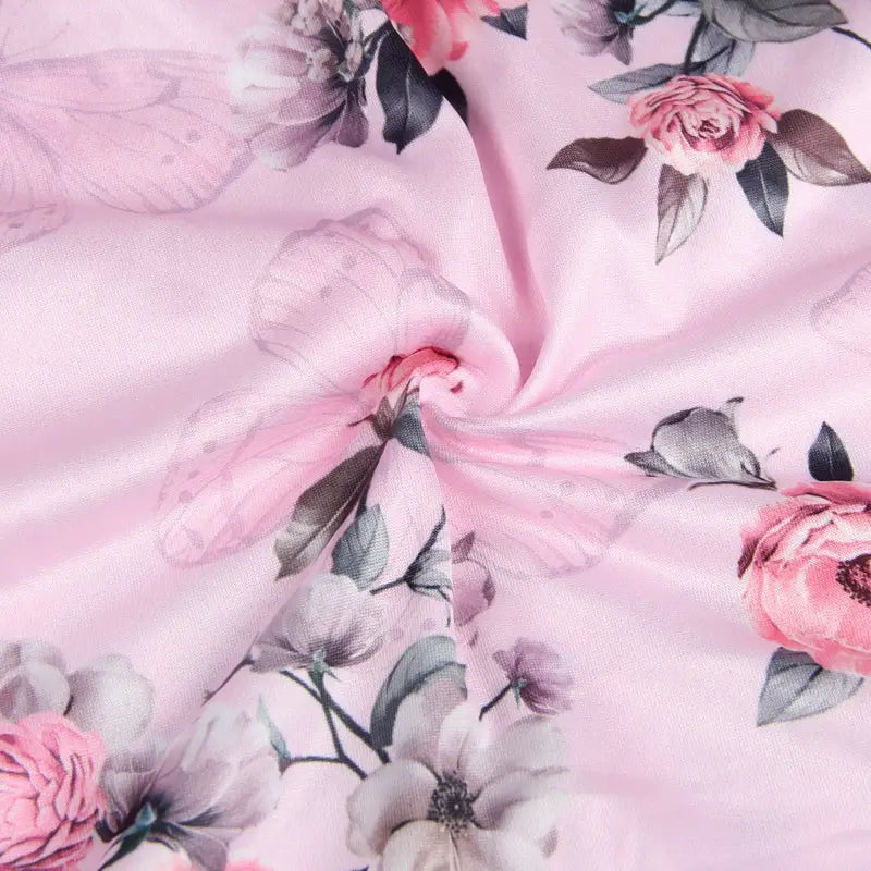 plus size embroidery patchwork lace sleeping dress in pink satin fabric with delicate floral and butterfly print in shades of pink gray and black
