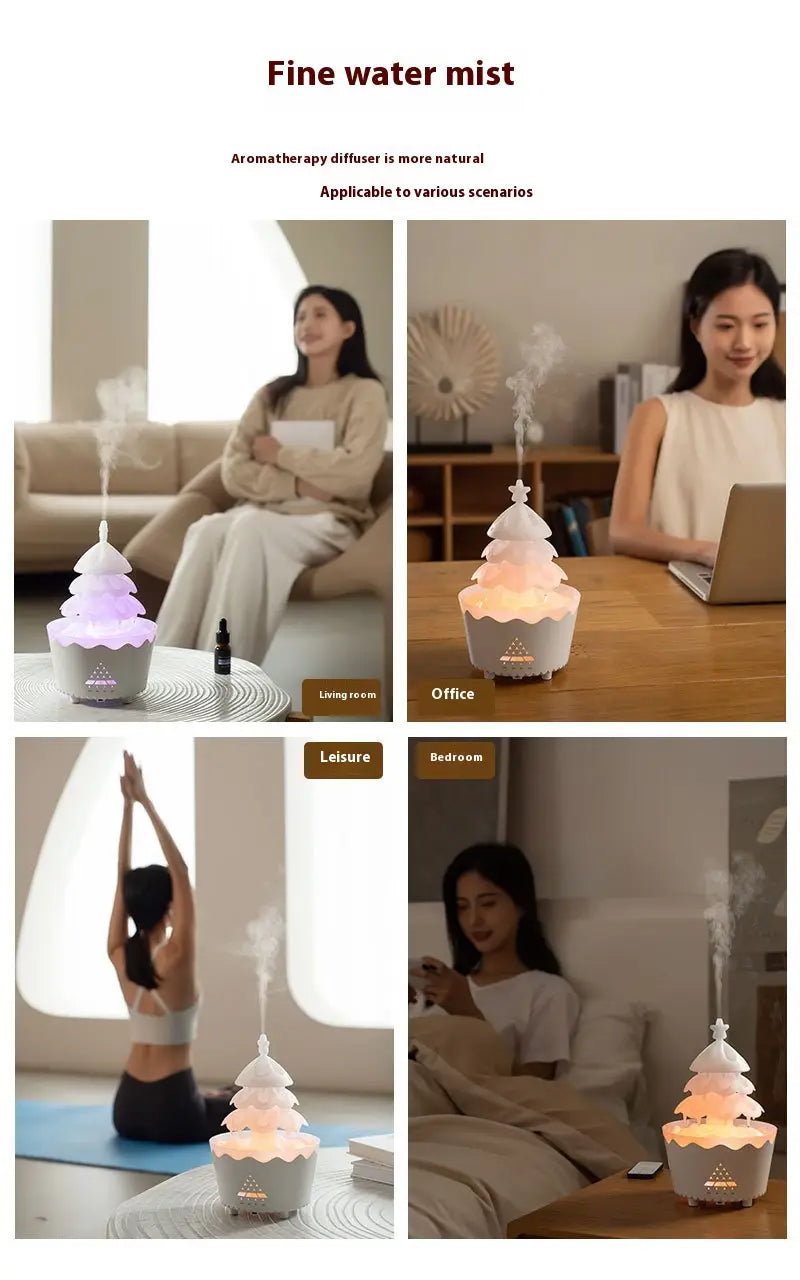 white ceramic christmas tree essential oil aroma diffuser with tiered design and soft led lighting for aromatherapy and humidifying use