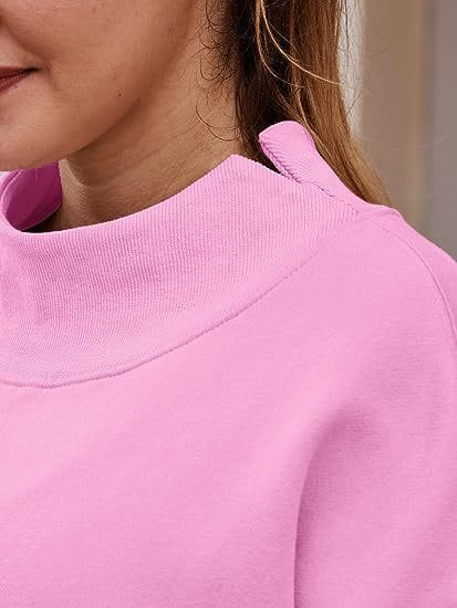 pink oversized turtleneck pullover sweatshirt solid color with a soft ribbed collar and smooth fabric in a sweatshirt solid color design