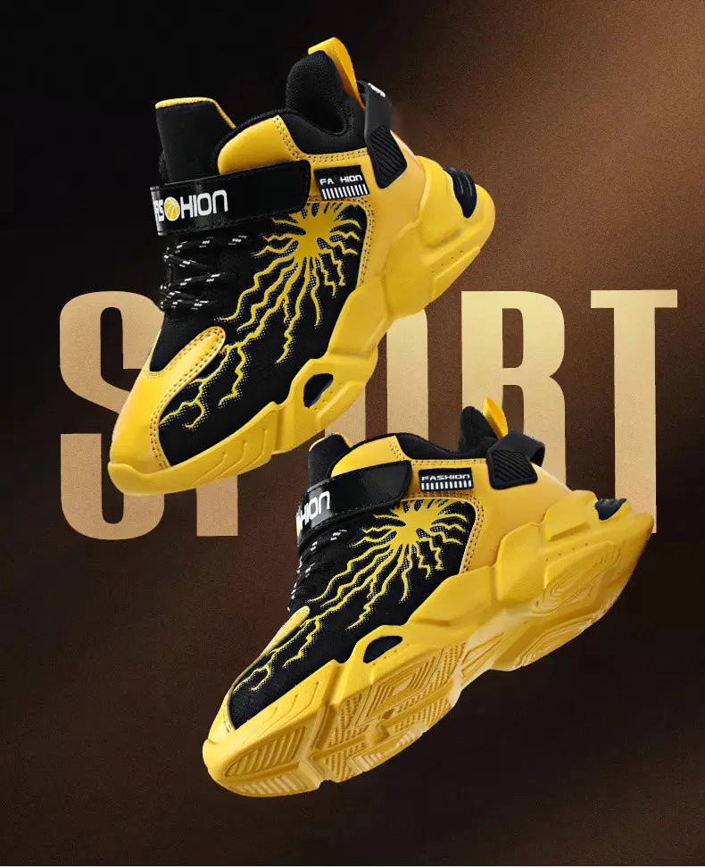 Vibrant yellow and black winter cotton shoes with waterproof leather uppers featuring bold lightning bolt embroidery and designed for optimal inside length comfort.