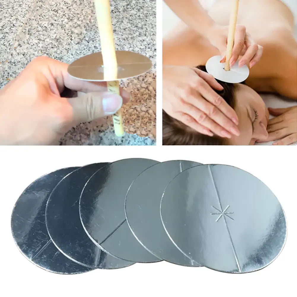 silver circular candle holders with a central star-shaped indentation and radial lines designed for massage or aromatherapy use in coning beewax natural ear candle ear healthy care treatment