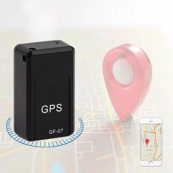 black rectangular magnetic gf07 mini gps real time tracker with gps and gf07 printed in white on the front surface