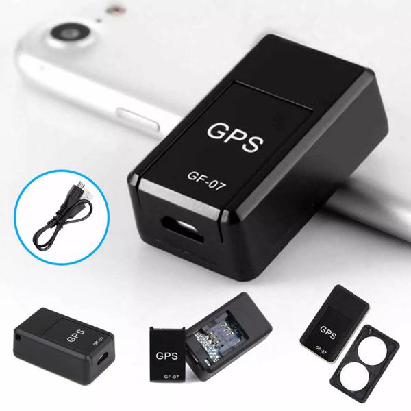 Black rectangular magnetic gf07 mini gps tracker device with gf07 and gps printed in white and a usb port on its side for mini gps real time tracking.