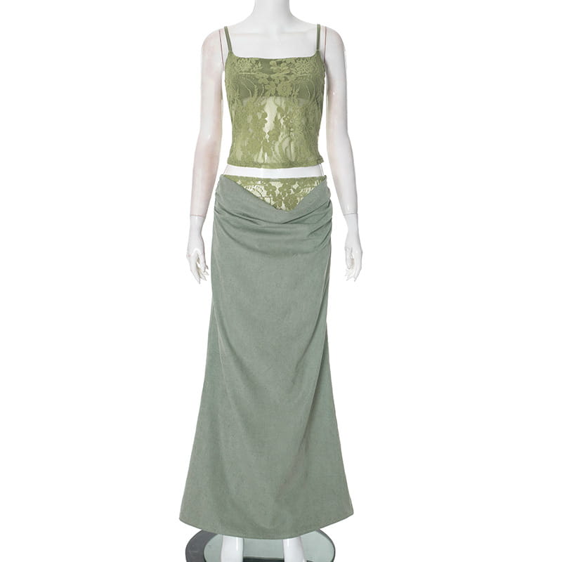 olive green lace backless tube top with thin straps and matching draped skirt featuring subtle floral stitching ruffle hip design in sling stitching ruffle style