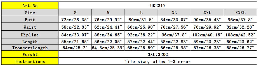 This size chart for the uk2317 rhinestone sling backless two-piece set two colors displays measurements in centimeters and inches across sizes s to xxxl.