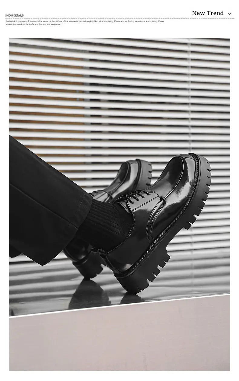 black patent leather casual leather shoes for men with thick rugged soles and red stitching