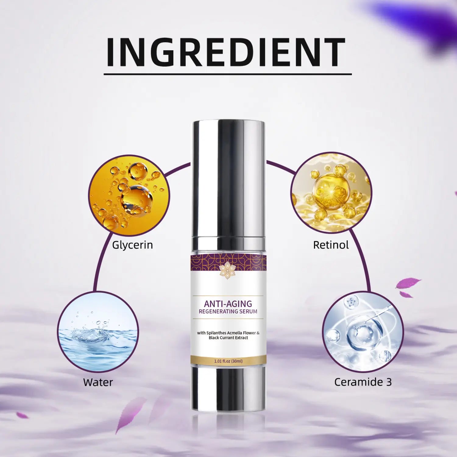 Silver-toned anti-aging regenerating serum bottle with a sleek cylindrical design and a white label featuring gold accents for wrinkle hydrating care solution.