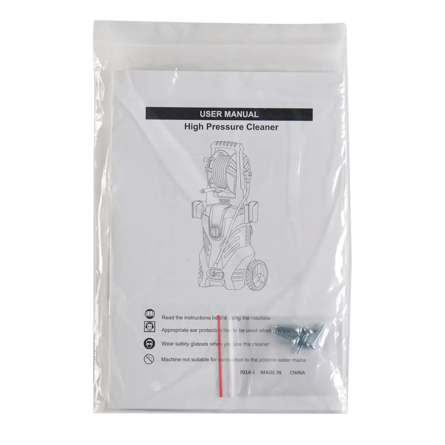 White user manual for a green and black high pressure cleaner with coiled hose featuring a line drawing of the machine and safety instructions for using the pressure cleaner.