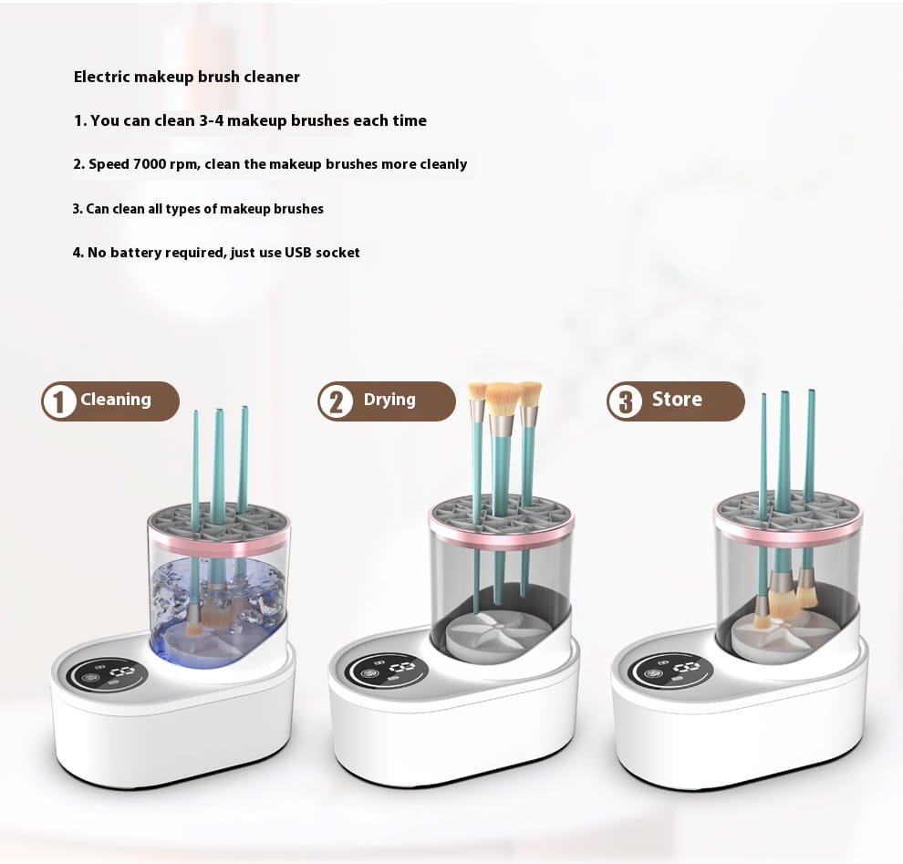White electric makeup brush cleaner with pink accents and transparent cylindrical chamber designed for cleaning makeup brushes at 7000 rpm with usb connection and digital timer.