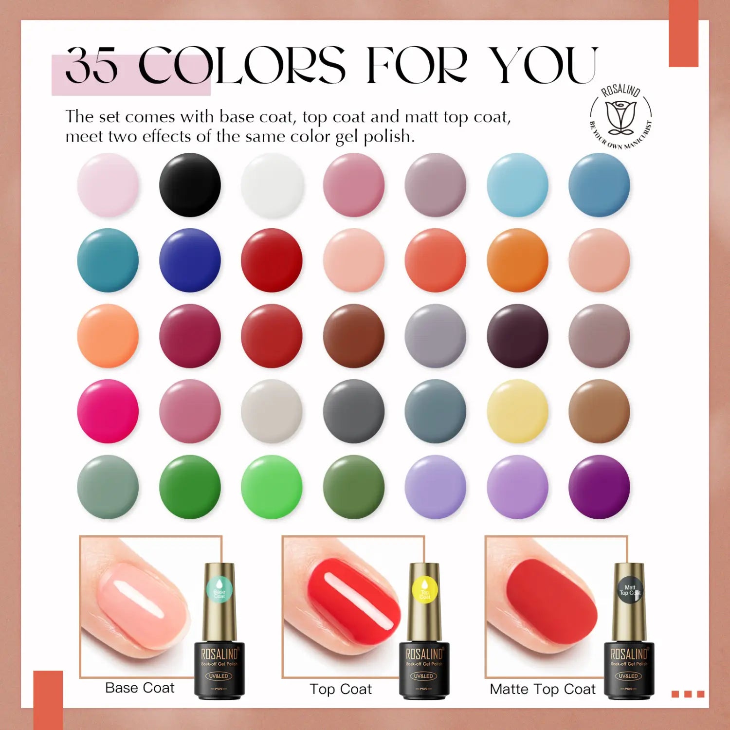 rosalind 38 piece gel polish set featuring 35 vibrant colors with base coat, top coat, and matte top coat options for a glossy finish.
