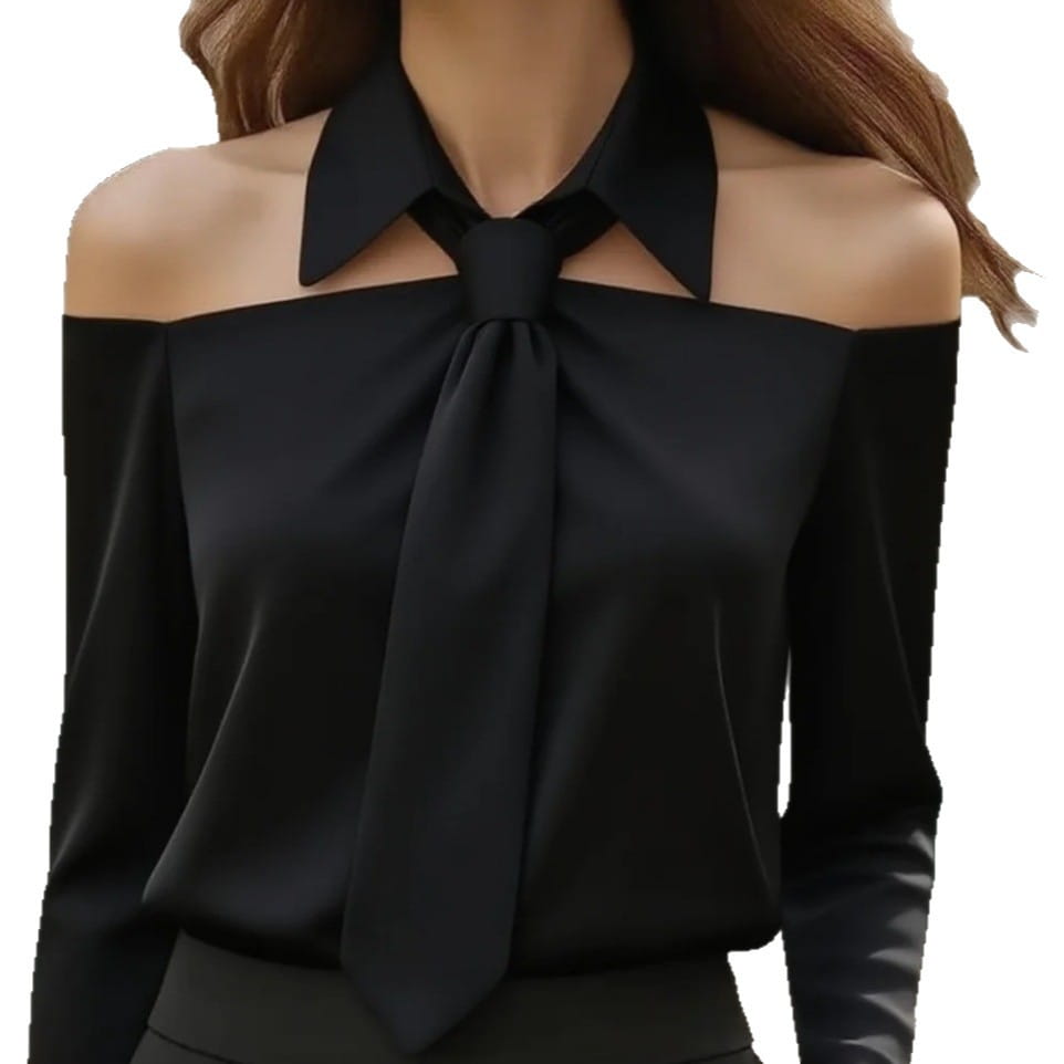black off-the-shoulder blouse with collar and tie-front detail featuring a neck strap lapel design for fashion women tank styling.