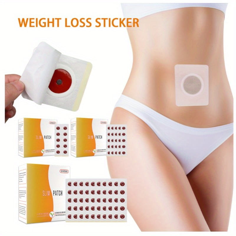 white square magnetic slimming navel belly button patch with a circular red center applied to the side of a person’s waist for weight loss purposes