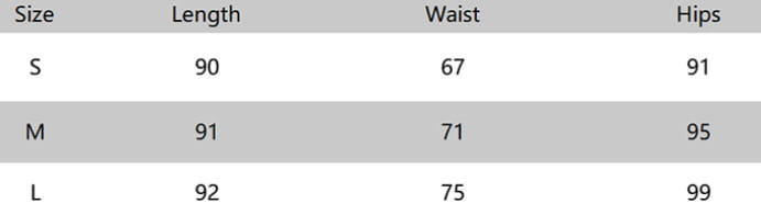gray table with white text displaying size length waist and hips measurements for black sheer high waist slit sheath skirt