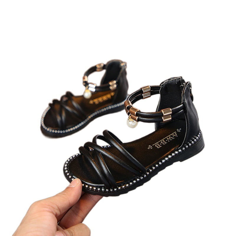 Black leather western style girls sandals featuring gold toned buckles and pearl accents suitable for net red princesses.