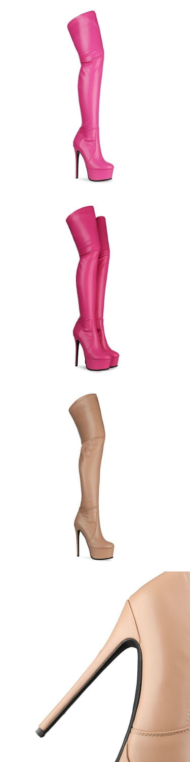 Bright pink patent platform high heel knee high boots with a glossy finish and over the knee design.