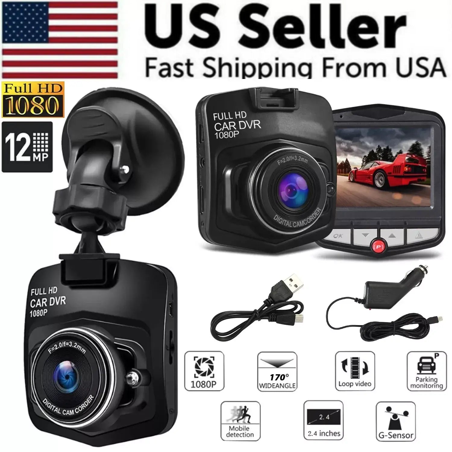 Black 1080p full hd dash cam car dvr with night vision features suction cup mount usb cable power adapter and accessories for vehicle recording.