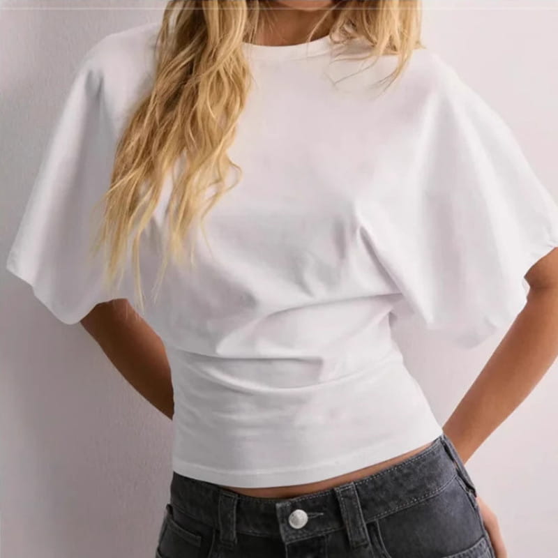 white cotton ins fashion round neck cropped top featuring wide flowing summer batwing sleeve and simple round neckline