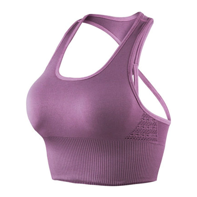 purple ribbed mesh shockproof sports bra showing the back with crisscross straps and ribbed fabric detailing for fitness exercise seamless support