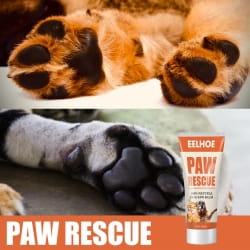 the image shows a tube of elbow paw rescue natural pet foot care cream in orange and white designed for pet foot care and protection.