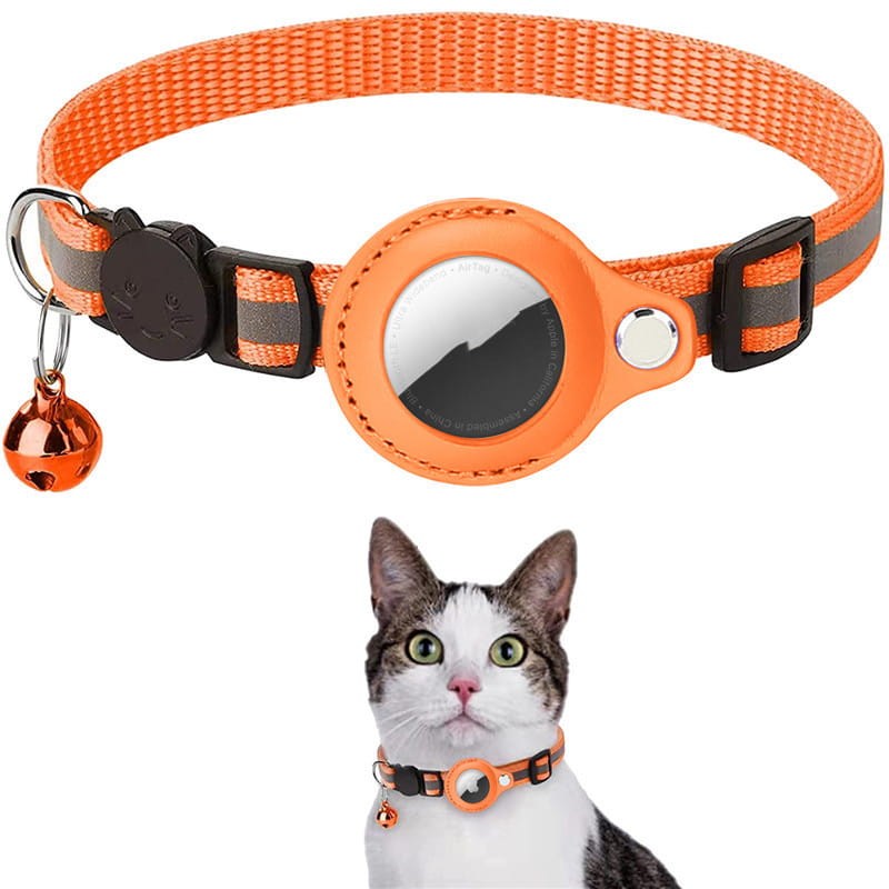 Orange woven nylon reflective collar waterproof with black plastic buckle and circular orange leather-like waterproof holder case featuring a silver reflective surface for AirTag and an attached small copper bell.