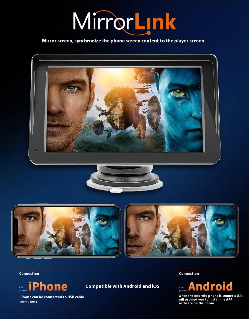 black-framed 7 inch portable car player hd large screen display with a glossy finish showing mirrored content from connected smartphones on a large screen vehicle interface.