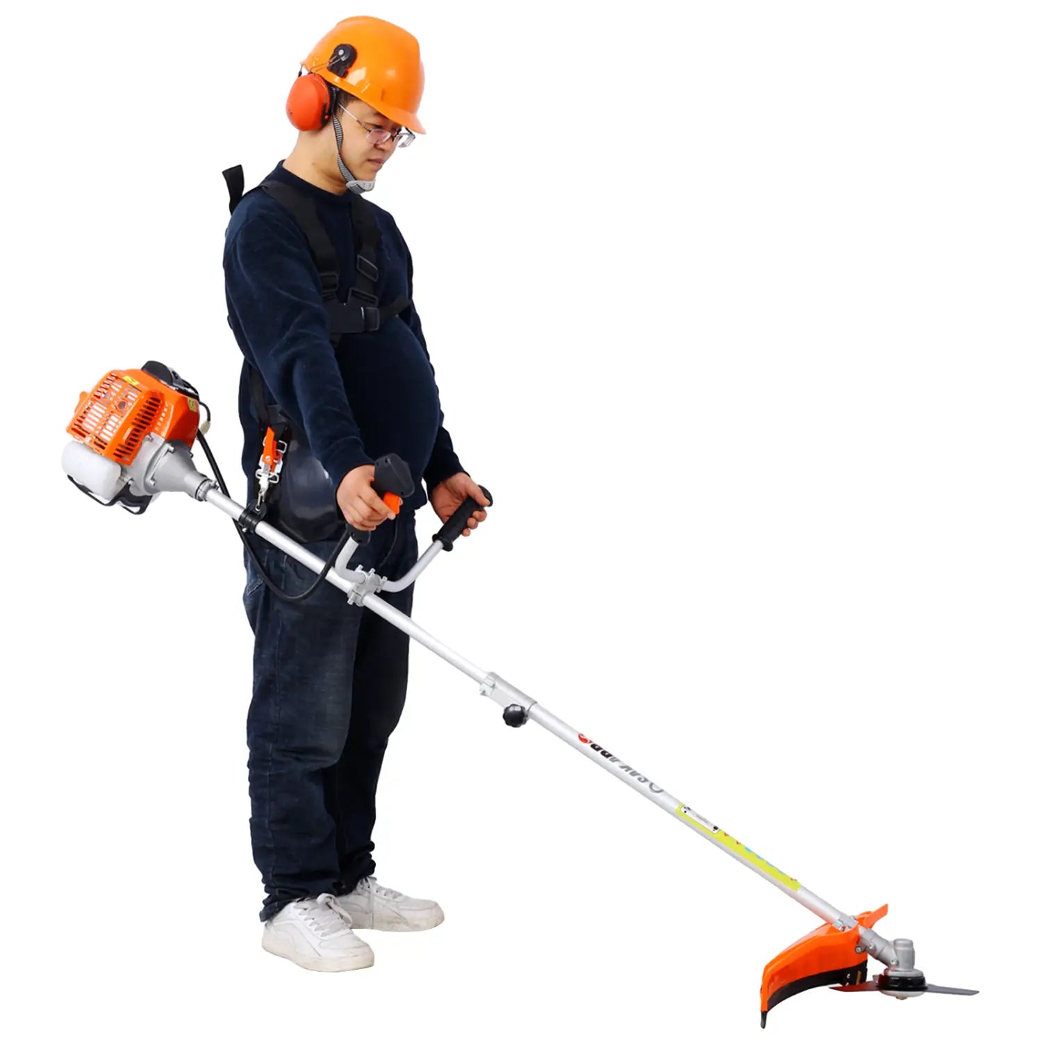 Orange and silver gas-powered plastic pruning tools with a long adjustable handle and cutting head designed for efficient plastic pruning.