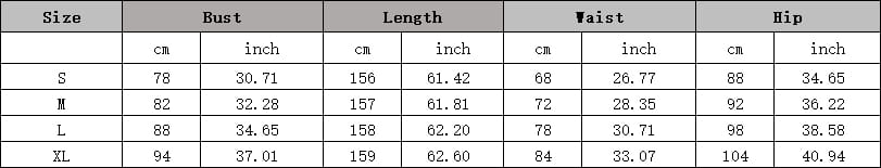 Size chart for a silver floral ruffled banquet sequined sheath dress showing measurements in centimeters and inches for sizes s, m, l, and xl.