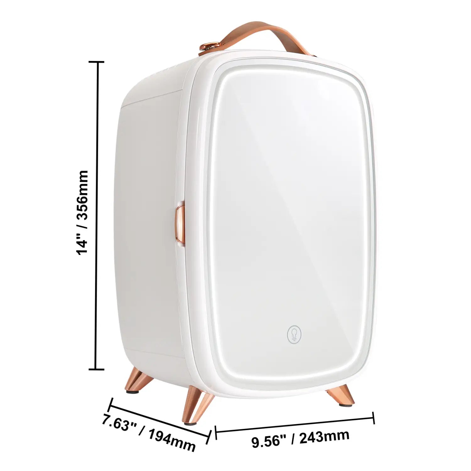 white compact vevor mini fridge with rose gold handles and mirror designed for luxury skin care storage in a 6l mini fridge for skin care fridges