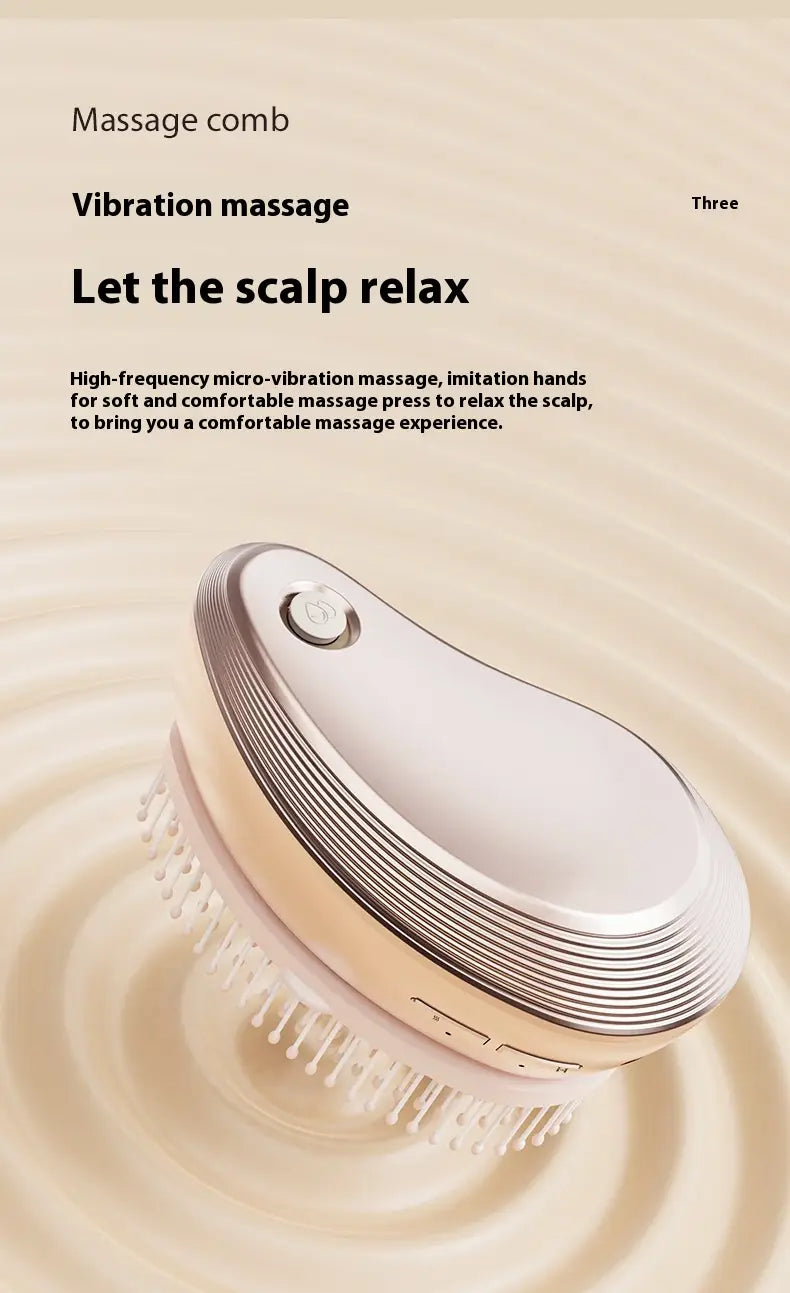 a sleek silver and white electric spray massage comb with a curved handle featuring horizontal ridges and soft bristles for scalp vibration therapy designed for hair care spray and care spray massage.