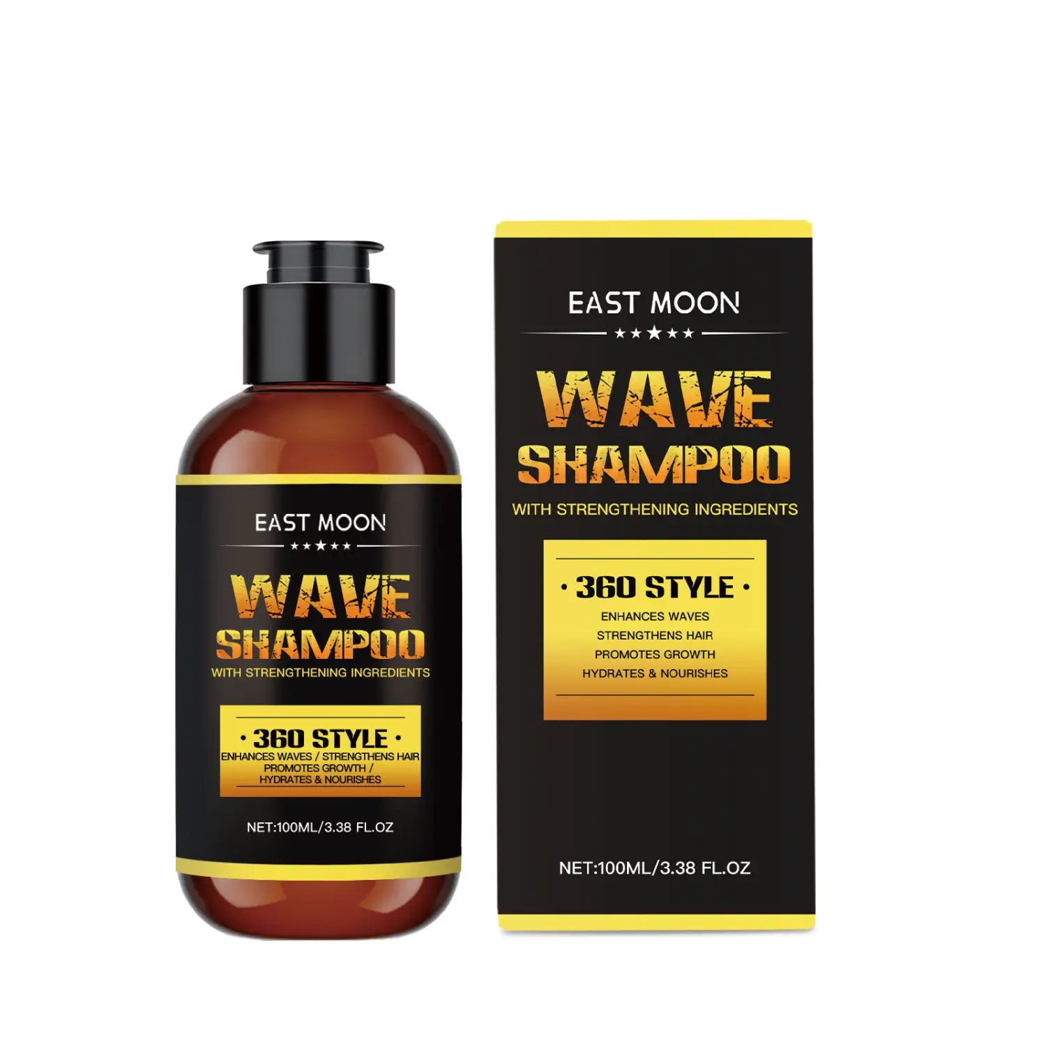 East moon wave shampoo in a sleek amber bottle with black pump and matching box featuring bold gold lettering designed for men’s hair care shaping wave collection set.