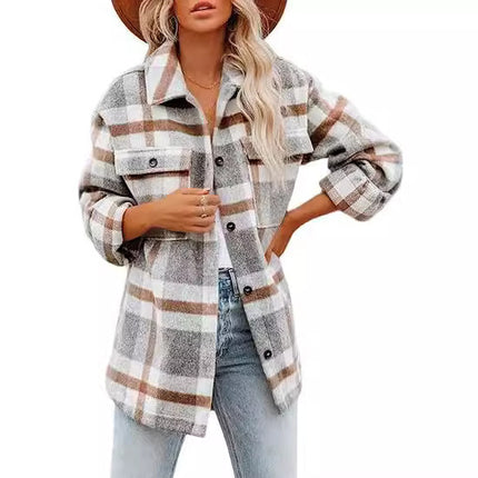 Women's Plaid Buckle Jacket Casual Fashion Long Sleeve Coat - Royalessencelux