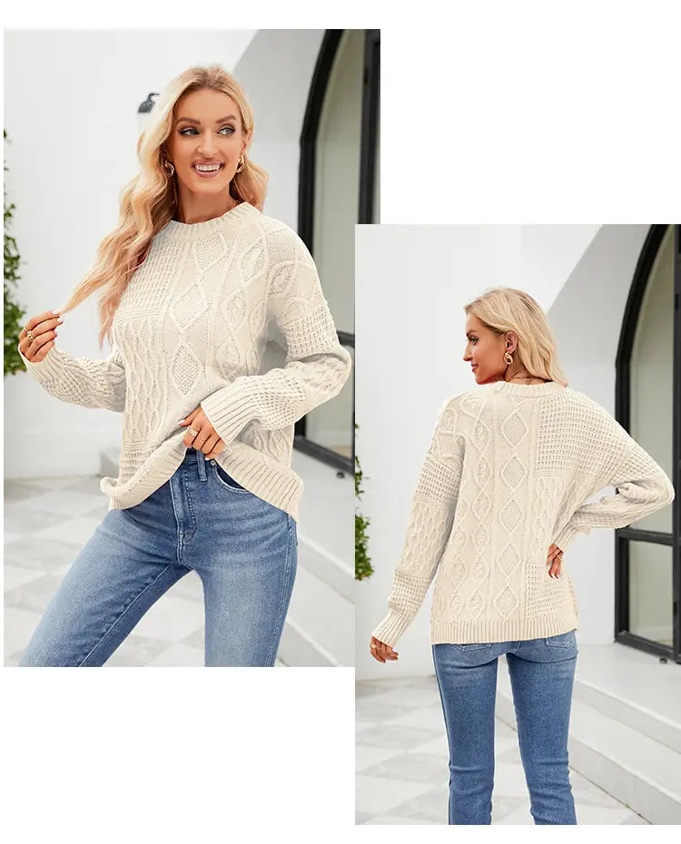 Cream-colored solid color cable-knit pullover sweater fall with a relaxed fit and ribbed cuffs for sweater fall winter.