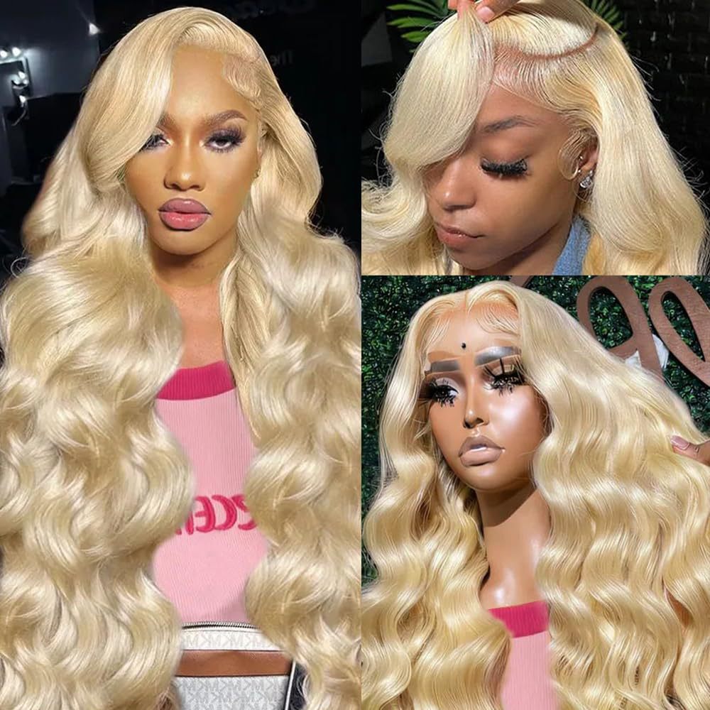 Golden long curly synthetic lace front wig with side bangs