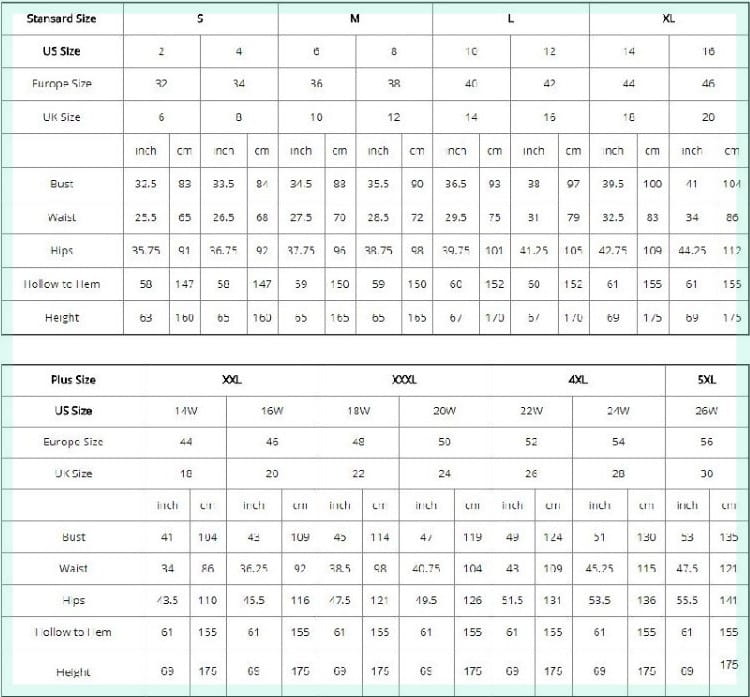 This detailed size conversion chart for the floral light champagne tulle prom dress shows measurements in inches and centimeters for sizes s to 5xl.