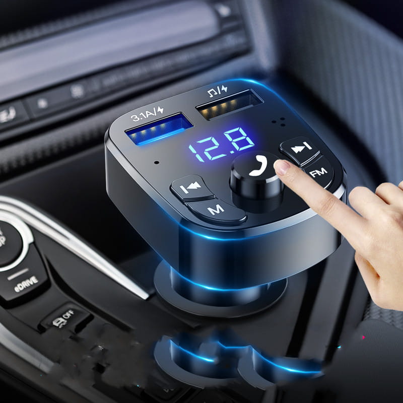 black usb car charger with lossless mp playing feature and blue led display with music control buttons for cigarette lighter car use