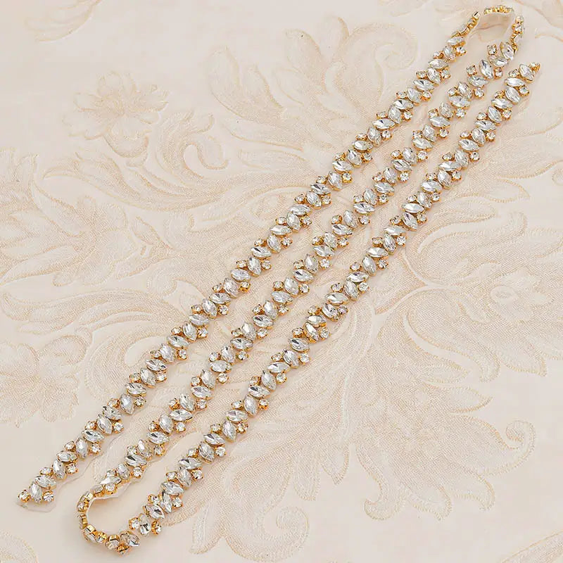gold-toned rhinestone applique wedding waist jewelry necklace adorned with clear marquise-cut crystals in a continuous pattern for applique wedding dress waist enhancement